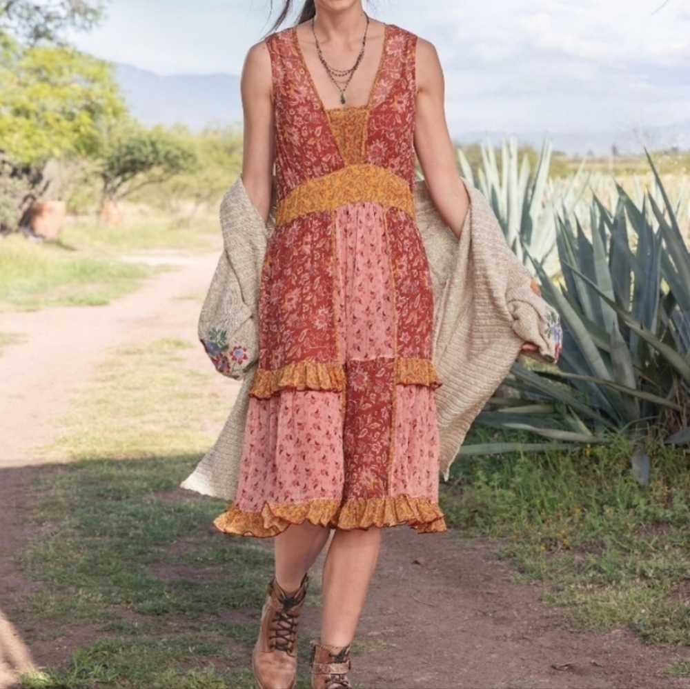 Sundance Nina Multi Floral Sleeveless Boho Ruffle Cupro Midi Dress Size 10